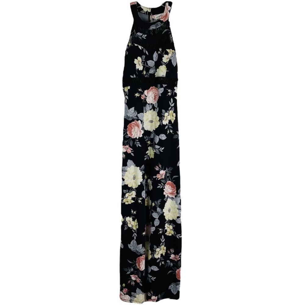 Black cream pink floral stretchy mesh halter evening wedding maxi dress small - Picture 1 of 7